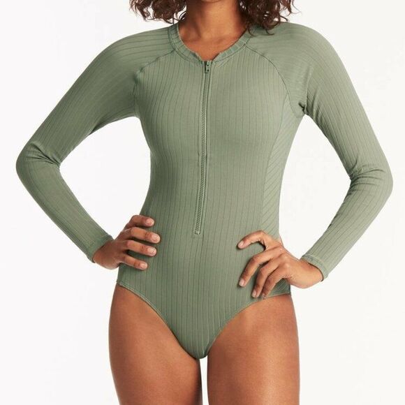 Sea Level Vesper Long Sleeve One Piece Ribbed Zip Swimsuit Size 12 Sage Green - Picture 1 of 12